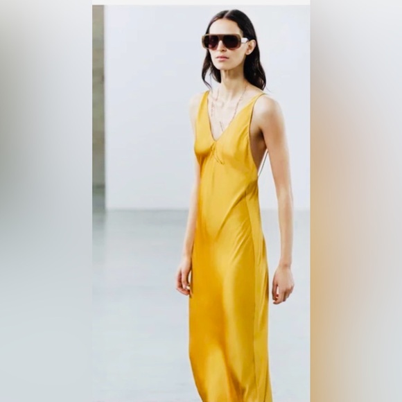Zara Dresses & Skirts - ZARA Satin Effect Slip Maxi Dress Mustard Yellow Open Back Size L